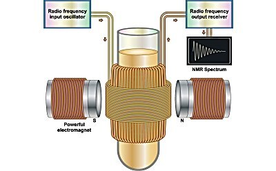 Diagram of nuclear magnetic resonance illustrating how the NMR spectrum based on interaction of nuclear spin states with powerful magnetic field.