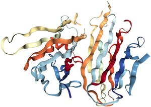 This image appears to be a 3D model of a complex protein structure. The protein consists of multiple intertwined and folded strands, each colored differently to distinguish the various parts.