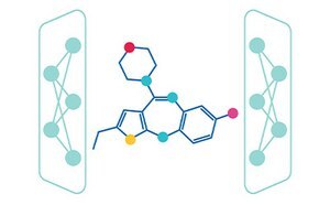 Das Bild zeigt eine neuartige chemische Struktur mit Heteromolek&uuml;len, die durch De-novo-Molek&uuml;ldesign nach einem gew&uuml;nschten Molekularprofil entwickelt wurden.