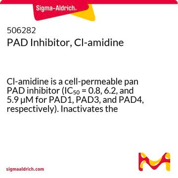 PAD Inhibitor, Cl-amidine Cl-amidine is a cell-permeable pan PAD inhibitor (IC&#8325;&#8320; = 0.8, 6.2, and 5.9 &#181;M for PAD1, PAD3, and PAD4, respectively). Inactivates the calcium bound form of PAD4 in an irreversible manner.