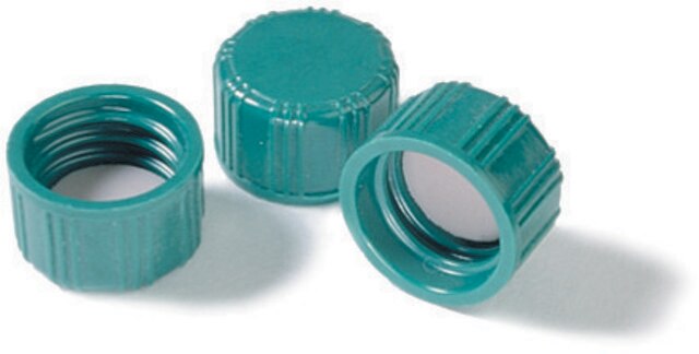 Screw cap, solid top with PTFE liner, pkg 100 green melamine resin solid cap, F217/PTFE liner, for use with 7 mL vial with 15-425 thread