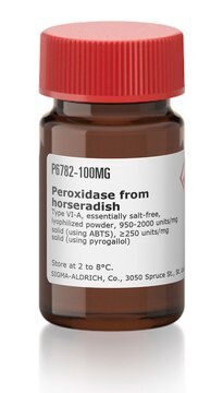 Peroxidase from horseradish Type VI-A, essentially salt-free, lyophilized powder, 950-2000&#160;units/mg solid (using ABTS), &#8805;250&#160;units/mg solid (using pyrogallol)