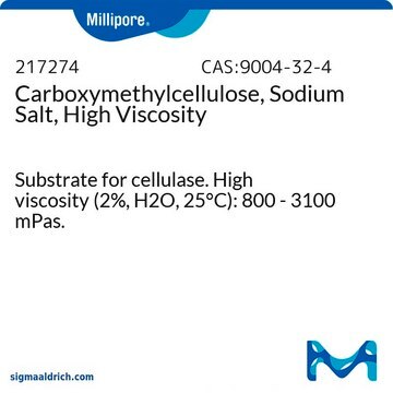 Carboxymethylcellulose, Sodium Salt, High Viscosity Substrate for cellulase. High viscosity (2%, H2O, 25°C): 800 - 3100 mPas.