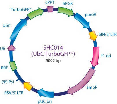 MISSION&#174; pLKO.1-puro-UbC-TurboGFP&#8482; Positive Control Plasmid DNA Contains a gene encoding TurboGFP, under the control of the UbC promoter