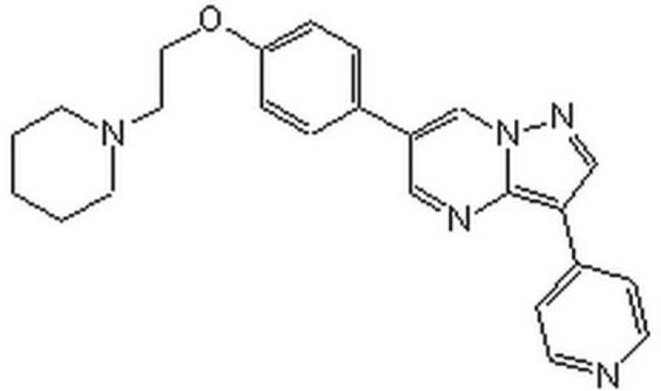 AMPK-Inhibitor, Verbindung&nbsp;C AMPK Inhibitor, Compound C, CAS 866405-64-3, is a cell-permeable compound that inhibits KDR/VEGFR2, ALK2/BMPR-I, and AMPK kinase activities (IC&#8325;&#8320; = 25.1, 148, and 234.6 nM, respectively).