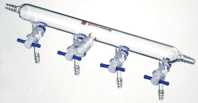 Synthware&#8482; nitrogen/argon line manifold with PTFE stopcocks port size 4, Hose Connections: left-right, stopcock size 2&#160;mm