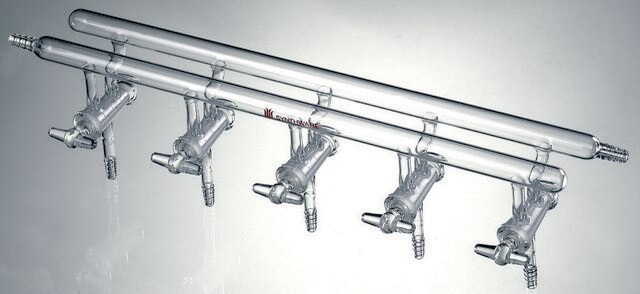 Synthware&#8482; all-glass vacuum/inert gas manifold with hollow high vacuum stopcocks port size 4, Hose Connections: Front-left, Rear-right