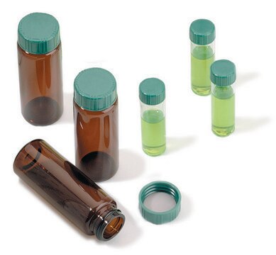 Probenfläschchen mit Schraubverschluss, mit grüner Thermoset-Kappe, PTFE-beschichtet, vorgefertigt, 100er Packung volume 40&#160;mL, clear glass vial, O.D. × H 29&#160;mm × 82&#160;mm, PTFE liner