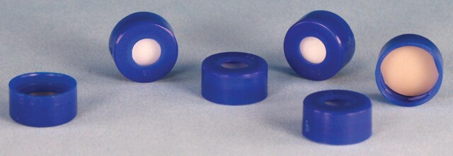 Certified polypropylene bonded caps with septa, pkg of 100 9 mm cap, PTFE/silicone septum (with slit), dark blue polypropylene cap