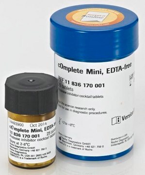 cOmplete&#8482;, Mini, EDTA-free Protease Inhibitor Cocktail Protease Inhibitor Cocktail Tablets provided in a glass vial, Tablets provided in a glass vial