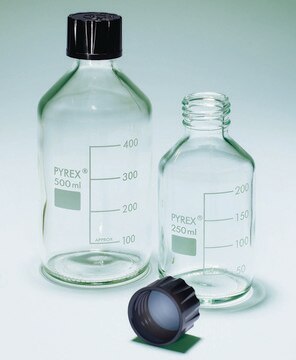 Pyrex&#174; Reagent bottles, round bottom with reusable screw caps capacity 100&#160;mL