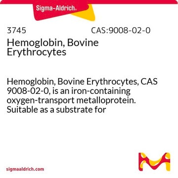 Hämoglobin, Rindererythrozyten Hemoglobin, Bovine Erythrocytes, CAS 9008-02-0, is an iron-containing oxygen-transport metalloprotein. Suitable as a substrate for proteases, such as papain, pepsin, and trypsin.