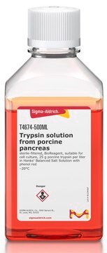 Trypsin -Lösung aus Schweinepankreas sterile-filtered, BioReagent, suitable for cell culture, 25 g porcine trypsin per liter in Hanks&#8242; Balanced Salt Solution with phenol red