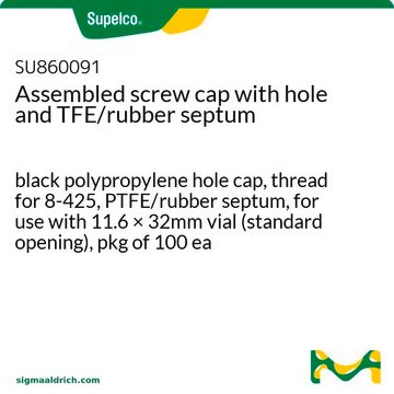 Assembled screw cap with hole and TFE/rubber septum black polypropylene hole cap, thread for 8-425, PTFE/rubber septum, for use with 11.6 × 32mm vial (standard opening), pkg of 100&#160;ea