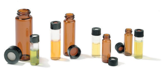 Vials, screw top with polypropylene open-top cap, pre-assembled, pkg of 100 volume 15&#160;mL, clear glass vial, tan PTFE/silicone septum