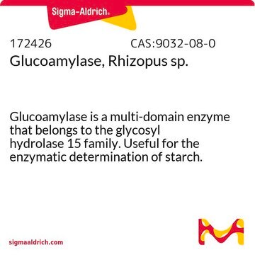 Glucoamylase, Rhizopus sp. Glucoamylase is a multi-domain enzyme that belongs to the glycosyl hydrolase 15 family. Useful for the enzymatic determination of starch.