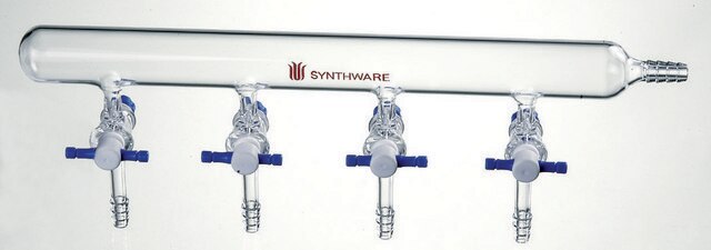 Synthware&#8482; vacuum manifold with PTFE stopcocks port size 4, Hose Connection: right, stopcock size 2&#160;mm