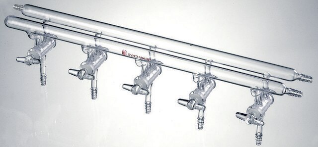 Synthware&#8482; all-glass vacuum/inert gas manifold with solid high vacuum stopcocks Ports: 5, Hose Connections: Front-right, Rear-left-right