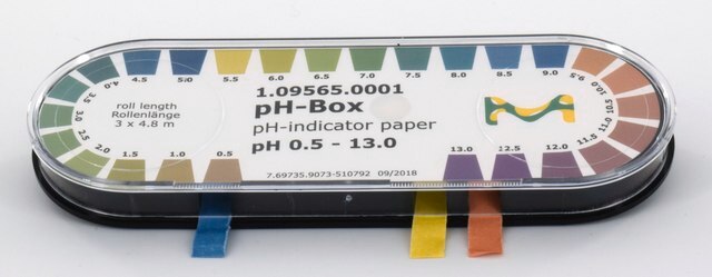 pH Box pH-indicator paper pH 0.5 - 13.0 roll L 4.8&#160;m , with color scale, pkg of 3&#160;rolls, pH range 0.5-5.0(ACILIT&#8482;), pH range 5.5-9.0(NEUTRALIT&#8482;), pH range 9.5-13.0(ALKALIT&#8482;), MQuant&#174;