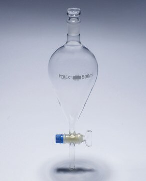 Pyrex&#174; Separating funnel, pear-shape, glass key 100&#160;mL, cone joint: ST/NS 19/26, glass stopper, PE stopper