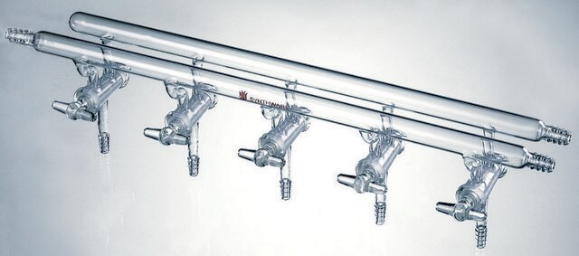 Synthware&#8482; all-glass vacuum/inert gas manifold with hollow high vacuum stopcocks number of ports, 5, Hose Connections: Front-left, Rear-left-right