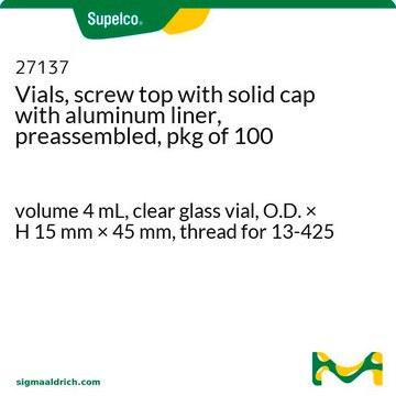 Vials, screw top with solid cap with aluminum liner, preassembled, pkg of 100 volume 4&#160;mL, clear glass vial, O.D. × H 15&#160;mm × 45&#160;mm, thread for 13-425