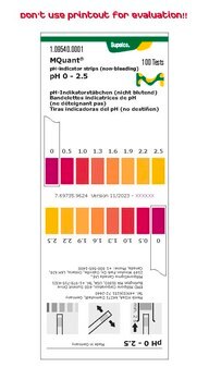 pH-Indikatorstäbchen pH 0 – 2,5 non-bleeding, colorimetric, pH range 0-2.5, MQuant&#174;