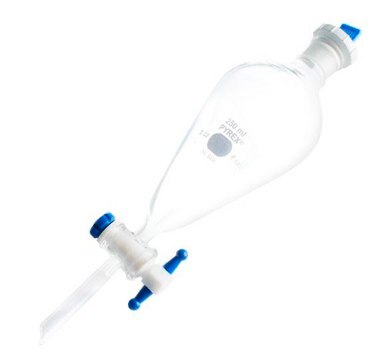 Pyrex&#174; Squibb separatory funnel, PE stopper, PTFE stopcock capacity 250&#160;mL