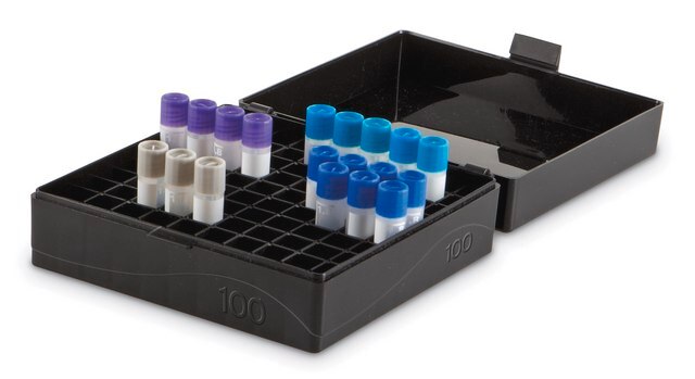 Microtube Storage Box Holds 100 x 1.5-2.0 mL tubes, black polypropylene, pk of 5