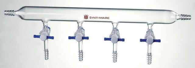 Synthware&#8482; vacuum manifold with PTFE stopcocks port size 6, Hose Connection: left-right, stopcock size 4&#160;mm