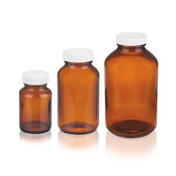 Wheaton wide-mouth bottle capacity 4&#160;oz (125&#160;mL), amber, white polypropylene cap, PTFE flat liner