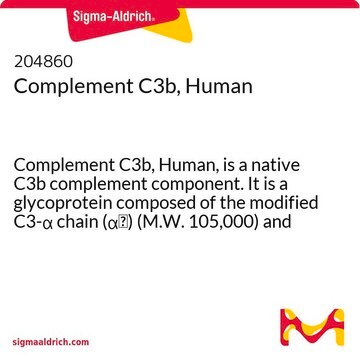 Komplement&nbsp;C3b, human Complement C3b, Human, is a native C3b complement component. It is a glycoprotein composed of the modified C3-&#945; chain (&#945;&#697;) (M.W. 105,000) and the intact C3-&#946; chain (M.W. 75,000).