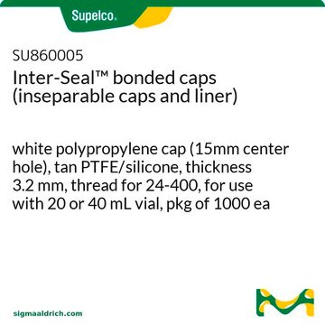 Inter-Seal&#8482; bonded caps (inseparable caps and liner) white polypropylene cap (15mm center hole), tan PTFE/silicone, thickness 3.2&#160;mm, thread for 24-400, for use with 20 or 40 mL vial, pkg of 1000&#160;ea