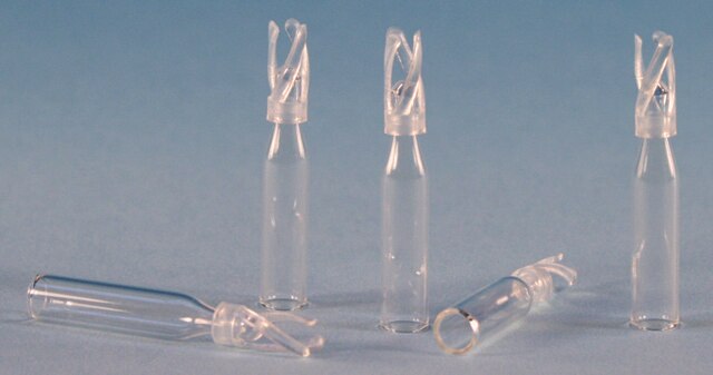 Certified glass inserts for 12 x 32 mm, large opening vials volume 0.2&#160;mL, clear glass insert (with plastic bottom spring), O.D. × H 6&#160;mm × 29&#160;mm, pkg of 100&#160;ea