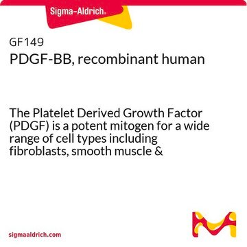 PDGF-BB, rekombinant, human The Platelet Derived Growth Factor (PDGF) is a potent mitogen for a wide range of cell types including fibroblasts, smooth muscle &amp; connective tissue.