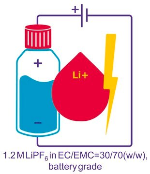 Lithium hexafluorophosphate solution in ethylene carbonate and ethyl methyl carbonate, 1.2 M LiPF6 in EC/EMC=30/70 (w/w), battery grade