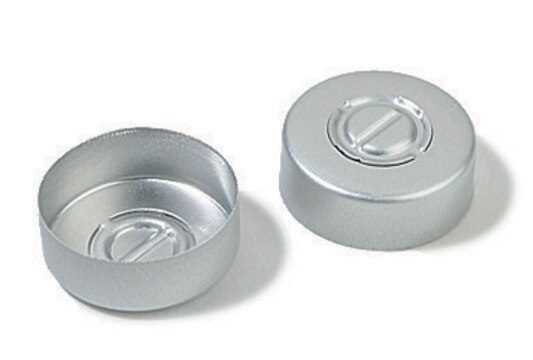 Aluminum crimp seal (without septum), silver aluminum removable center, diam. 20&#160;mm, pkg of 100&#160;ea