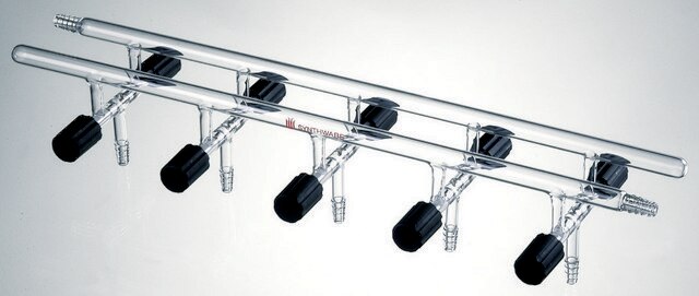 Synthware&#8482; Vacuum/Inert Gas Manifold with double bank and high vacuum valves number of ports, 4, Hose Connections: Front-right, Rear-left