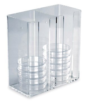 Petri dish dispenser, holds 30 x 100 mm dishes in 2 compartments clear acrylic