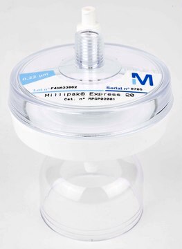 Millipak&#174; Express 20 Filter 0.22 &#181;m membrane filter for particulate-free and bacteria-free water at the point of dispense, For use with Direct-Q&#174;, Synergy&#174; and Milli-Q&#174; Academic / Biocel / Element / Synthesis / Gradient systems