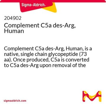 Complement C5a des-Arg, Human Complement C5a des-Arg, Human, is a native, single chain glycopeptide (73 aa). Once produced, C5a is converted to C5a des-Arg upon removal of the C-terminal arginine by serum carboxypeptidase N.