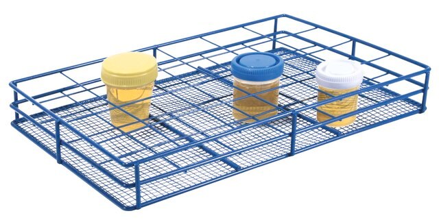 Coated Wire Urine Container Rack to hold, 24 x 58 mm containers, blue high-density polyethylene coating