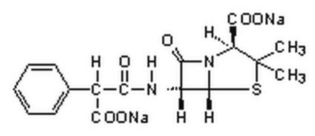 Carbenicillin, Disodium Salt Synthetic penicillin derivative for ampicillin-resistant plasmids. Blocks bacterial cell wall formation. Effective against Gram-negative bacteria.